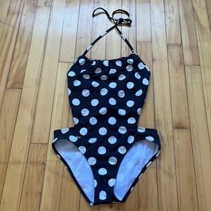 Lacoste Womens Black White Polka Dot Cutout Halter One Piece Swimsuit Monokini
